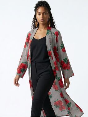 JORJA | Longline Duster Open Front Kimono Stripes & Roses Women’s Size Medium